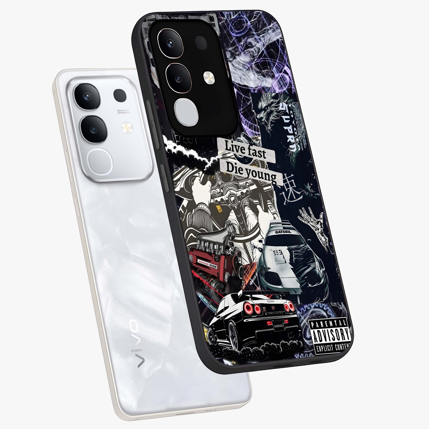 Die Young Glass Case displayed in angled mockup highlighting expressive graphic artwork with edgy aesthetic style.