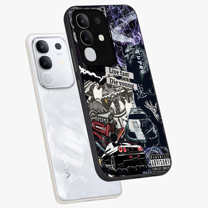 Die Young Glass Case displayed in angled mockup highlighting expressive graphic artwork with edgy aesthetic style.