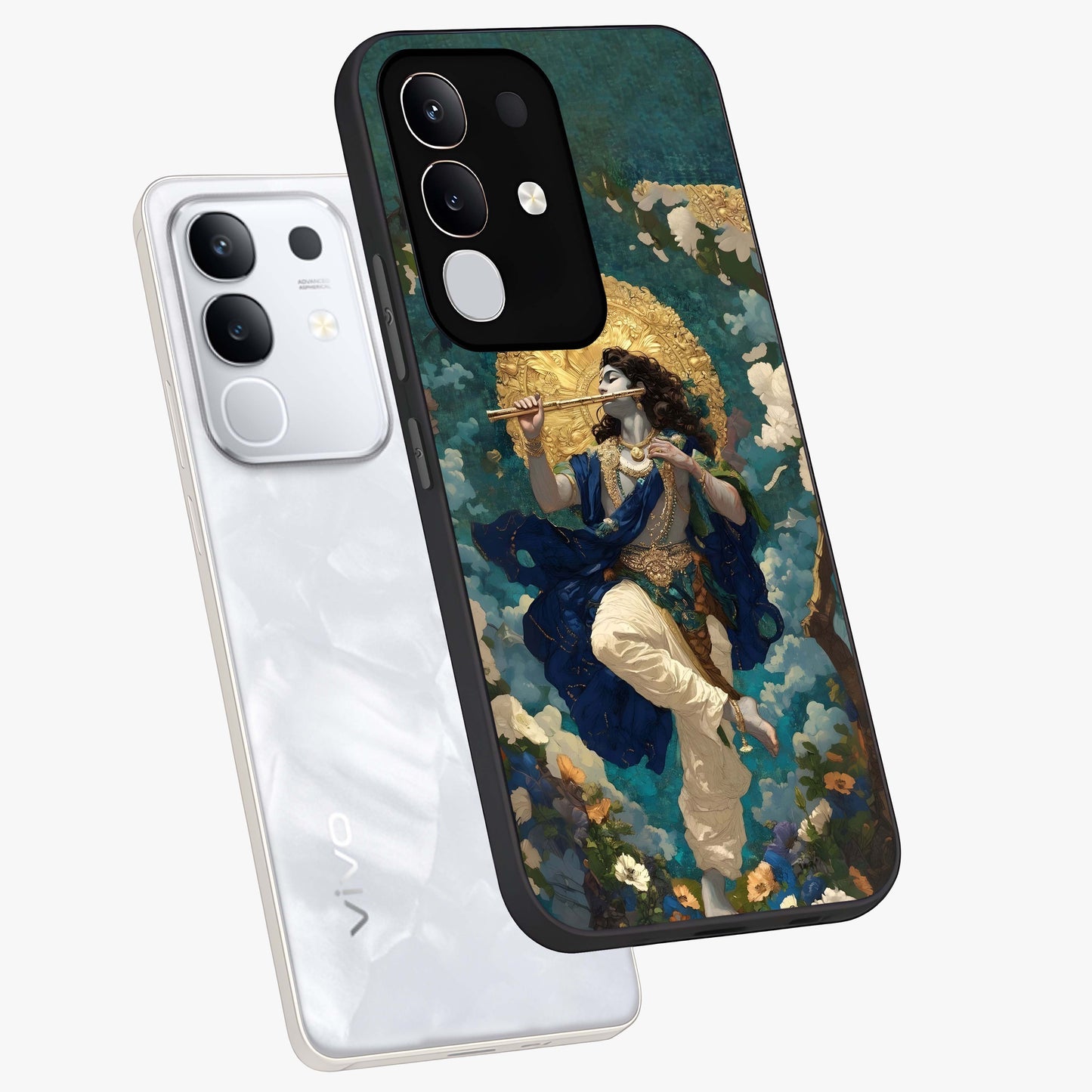 Divine Krishna Art Glass Case displayed in angled mockup highlighting spiritual Krishna illustration with devotional aesthetic.