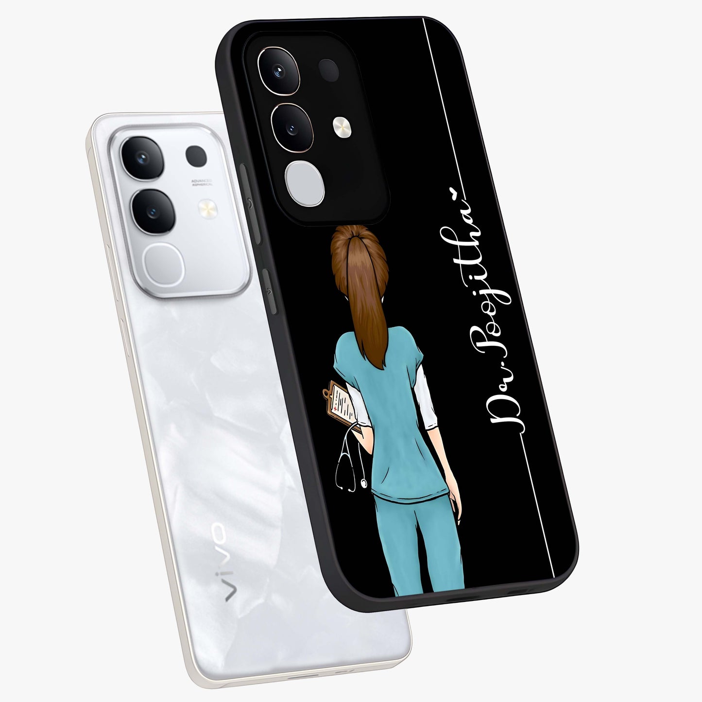 Doctor Pattern Custom Name Glass Case displayed in angled mockup highlighting doctor inspired artwork with custom name feature.