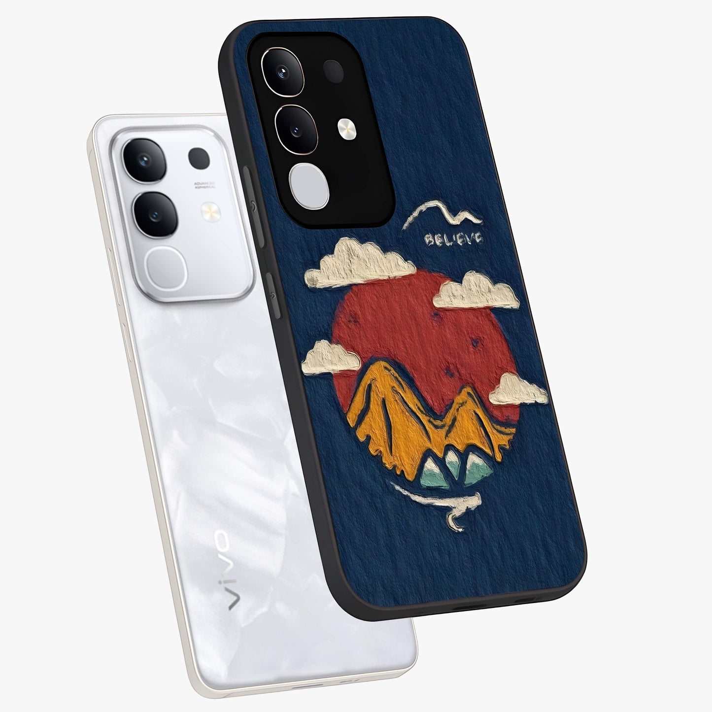 Dream Beyond Mountains Glass Case displayed in angled mockup highlighting dreamy mountain illustration with peaceful aesthetic.