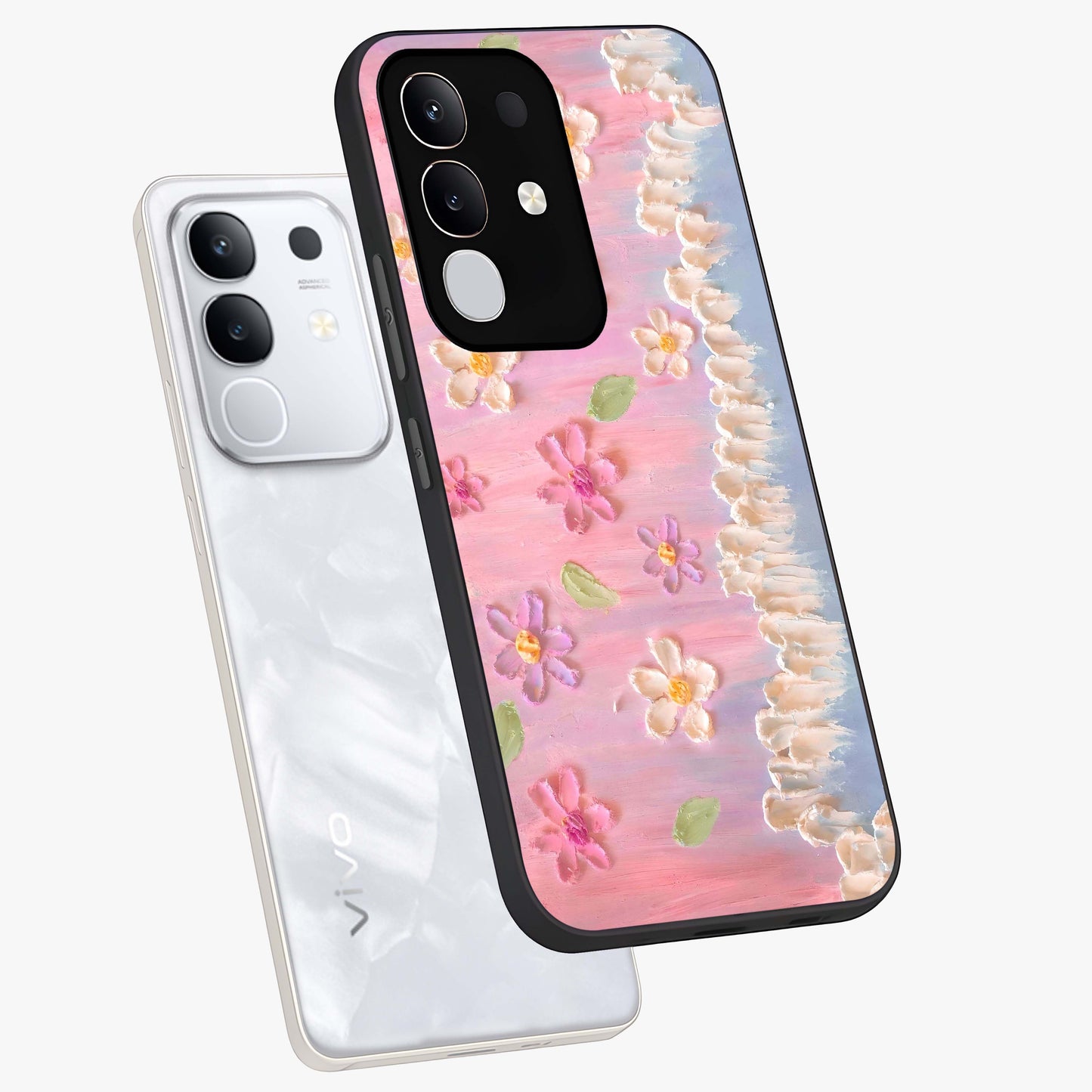 Dreamy Painted Garden Glass Case displayed in angled mockup highlighting colorful garden illustration with dreamy aesthetic style.