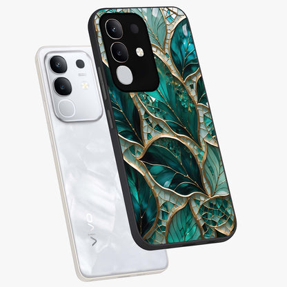 Emerald Leaf Glass Glass Case displayed in angled mockup highlighting botanical leaf illustration with elegant natural aesthetic.