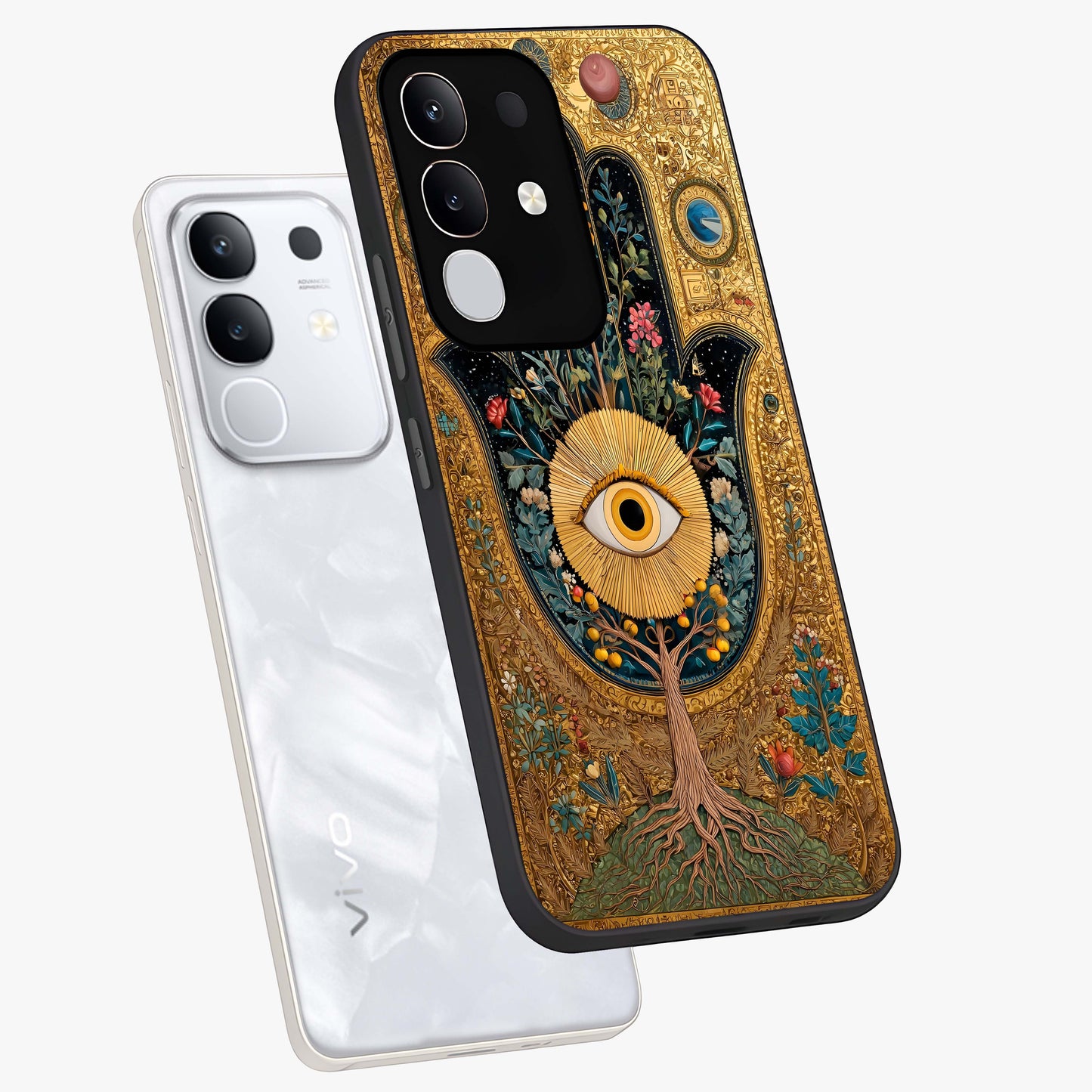 Ethereal Evil Eye Glass Case displayed in angled mockup highlighting protective evil eye symbol with spiritual aesthetic design.