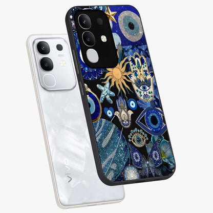 Evil Eye Charm Mix Glass Case displayed in angled mockup highlighting protective evil eye symbols with spiritual aesthetic design.
