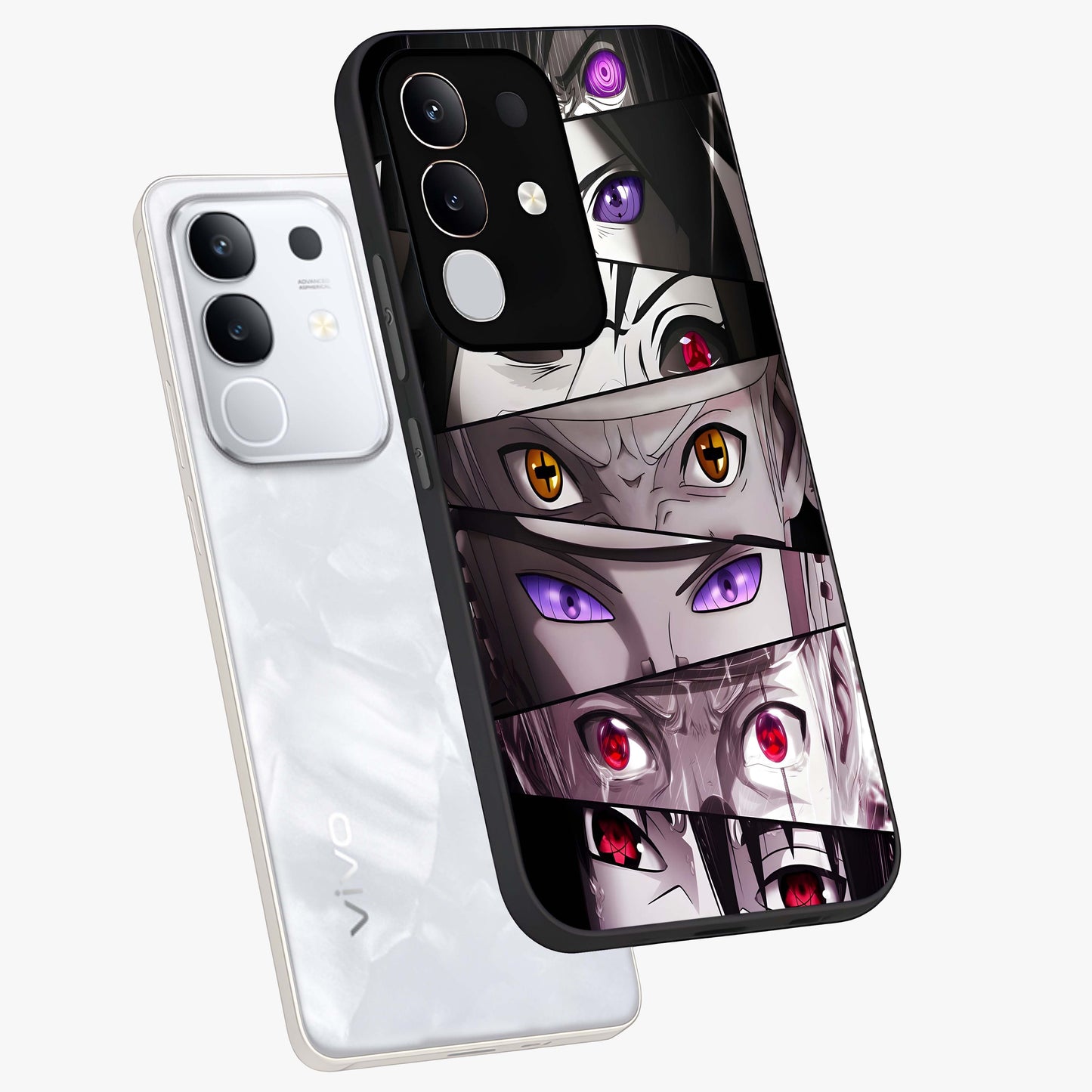 Eyes of Destiny Glass Case displayed in angled mockup highlighting bold eye illustration with mystical aesthetic style.