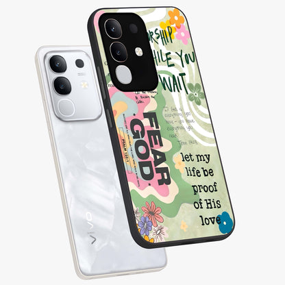 Faith Over Fear Glass Case displayed in angled mockup highlighting inspirational message design with modern aesthetic style.
