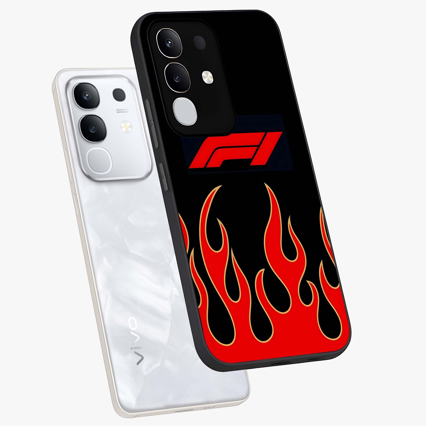 Fire F11 Glass Case displayed in angled mockup highlighting bold fire inspired graphic with energetic aesthetic style.