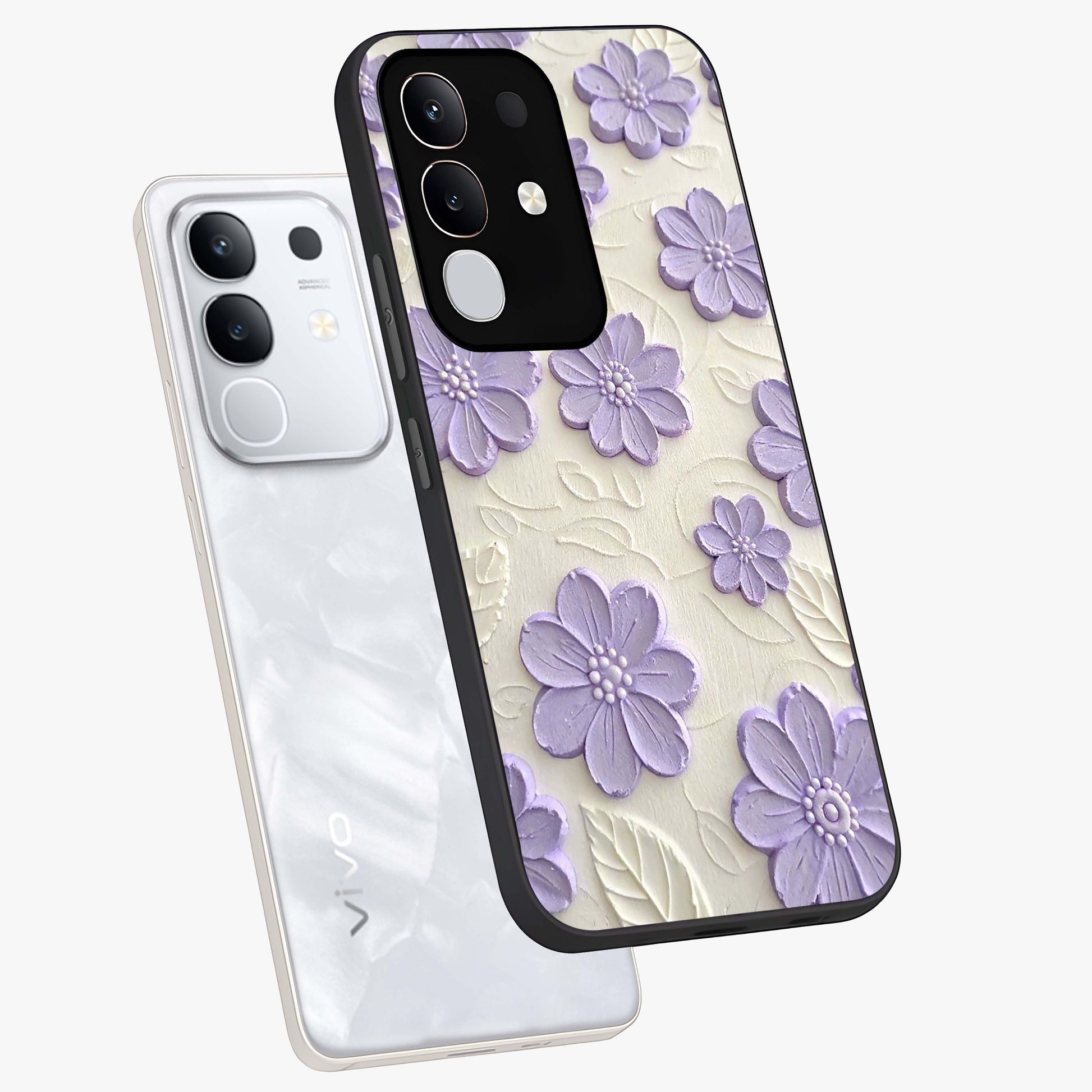 Floral Wall Art With Purple Flowers Glass Case displayed in angled mockup highlighting vibrant purple floral illustration with artistic aesthetic.