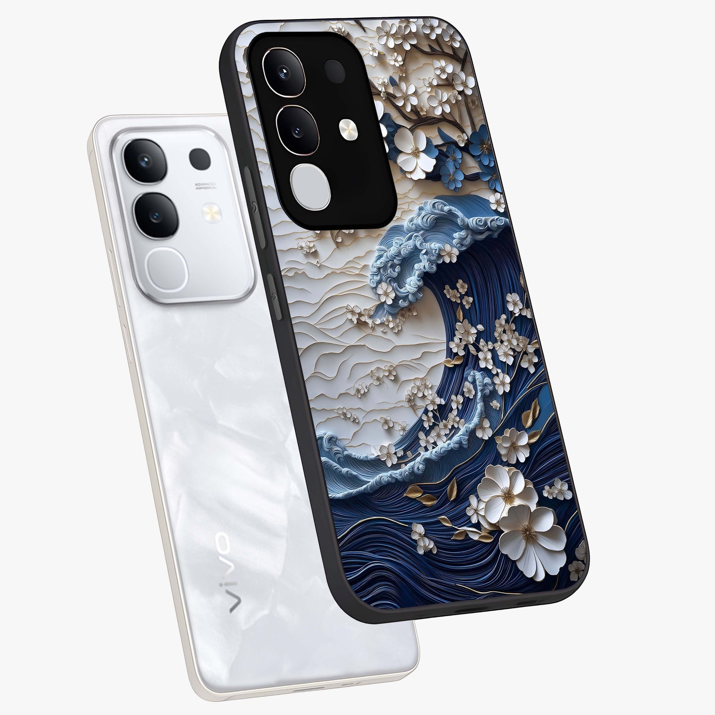 Floral Wave Origami Glass Case displayed in angled mockup highlighting geometric origami flower design with modern aesthetic style.