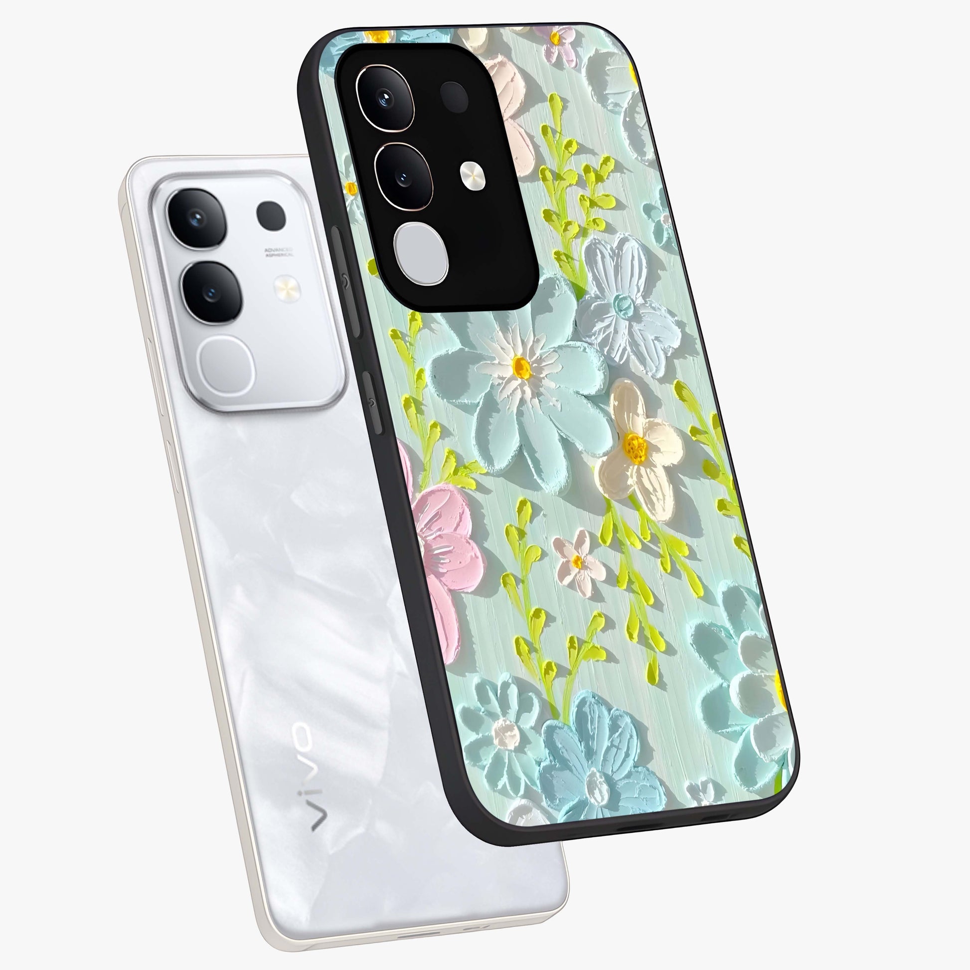 Frosted Petal Garden Glass Case displayed in angled mockup highlighting delicate flower petal design with calm garden aesthetic.