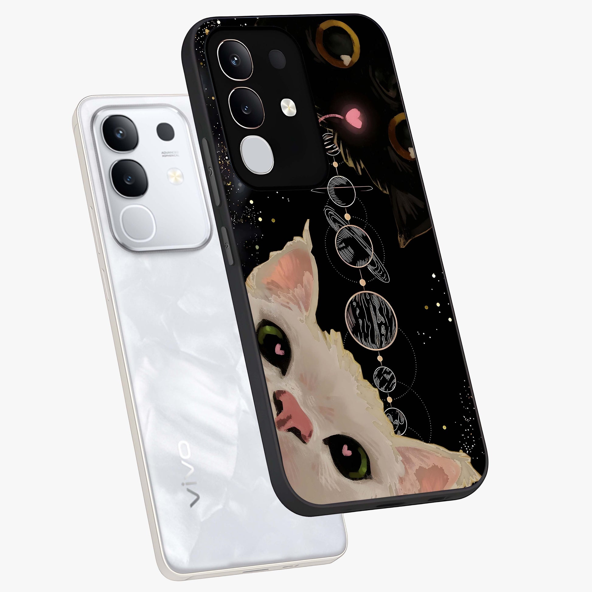 Galactic Cat Glass Case displayed in angled mockup highlighting celestial feline illustration with galaxy aesthetic style.