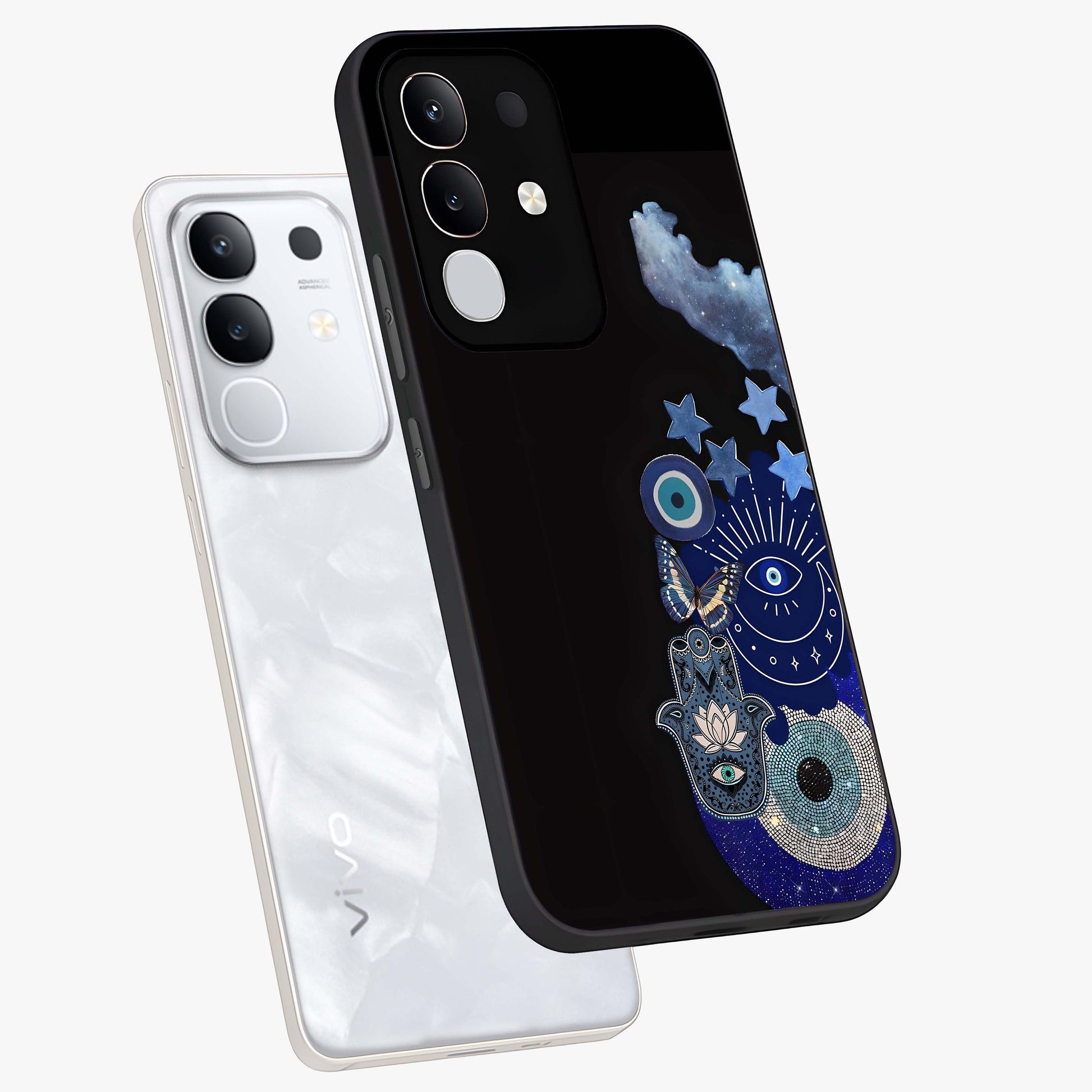 Galactic Charm Cluster Glass Case displayed in angled mockup highlighting luminous galaxy inspired design with dreamy aesthetic.