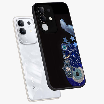 Galactic Charm Cluster Glass Case displayed in angled mockup highlighting luminous galaxy inspired design with dreamy aesthetic.