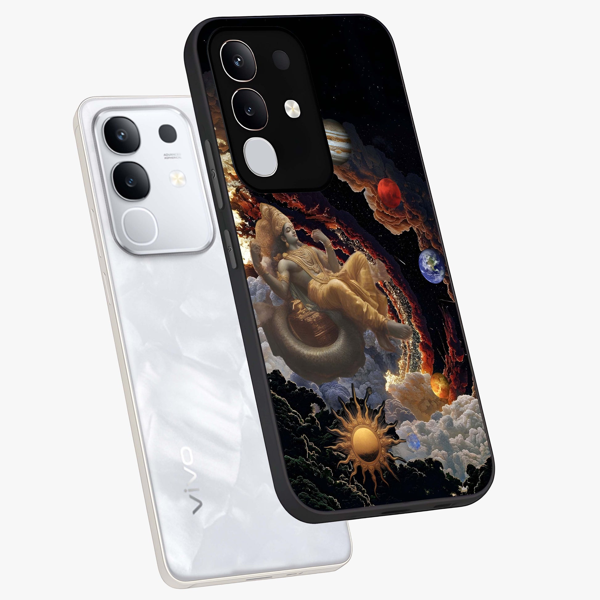 Galactic Divine God Glass Case displayed in angled mockup highlighting powerful celestial deity illustration with galactic aesthetic.
