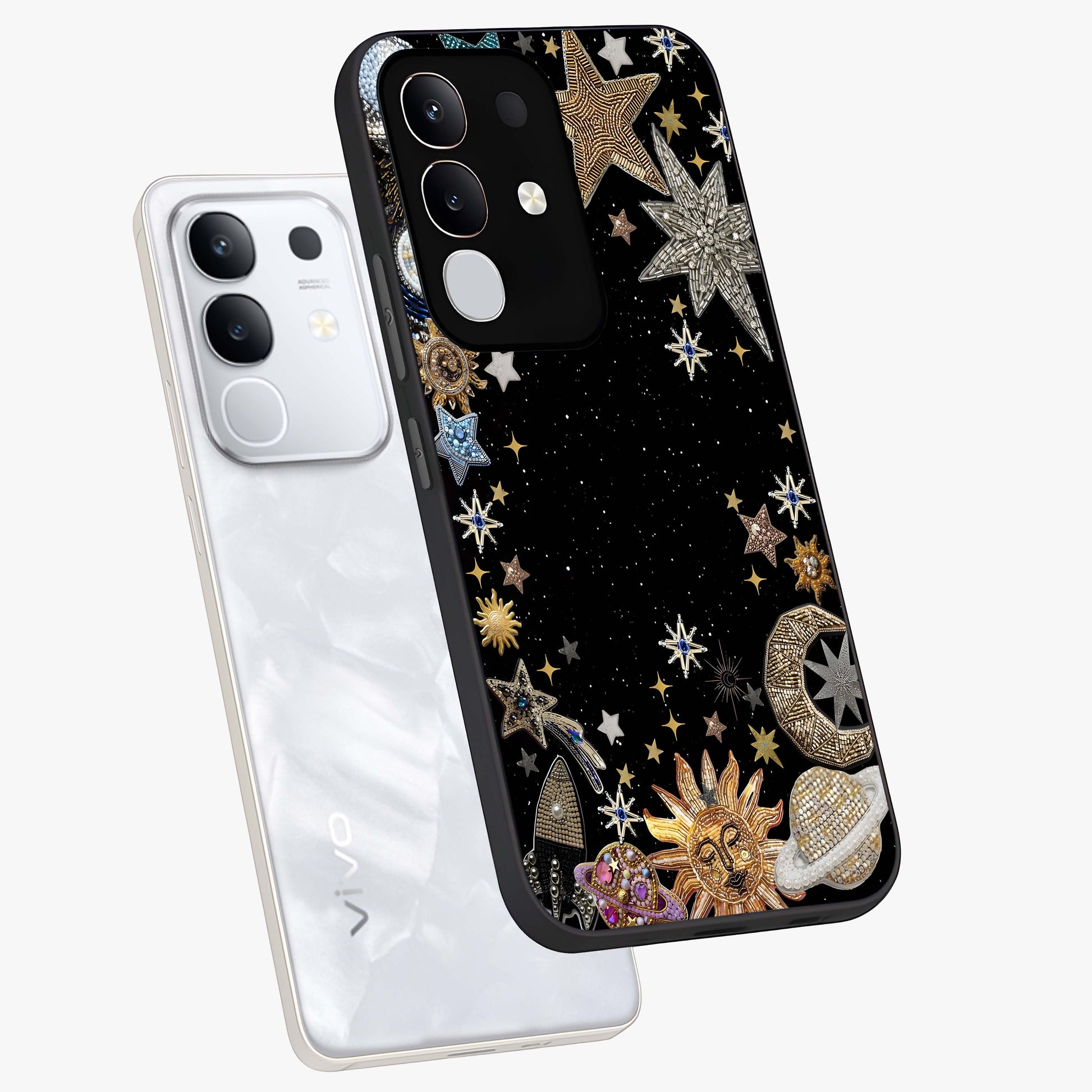 Galactic Jewel Stars Glass Case displayed in angled mockup highlighting shining celestial star design with cosmic aesthetic style.