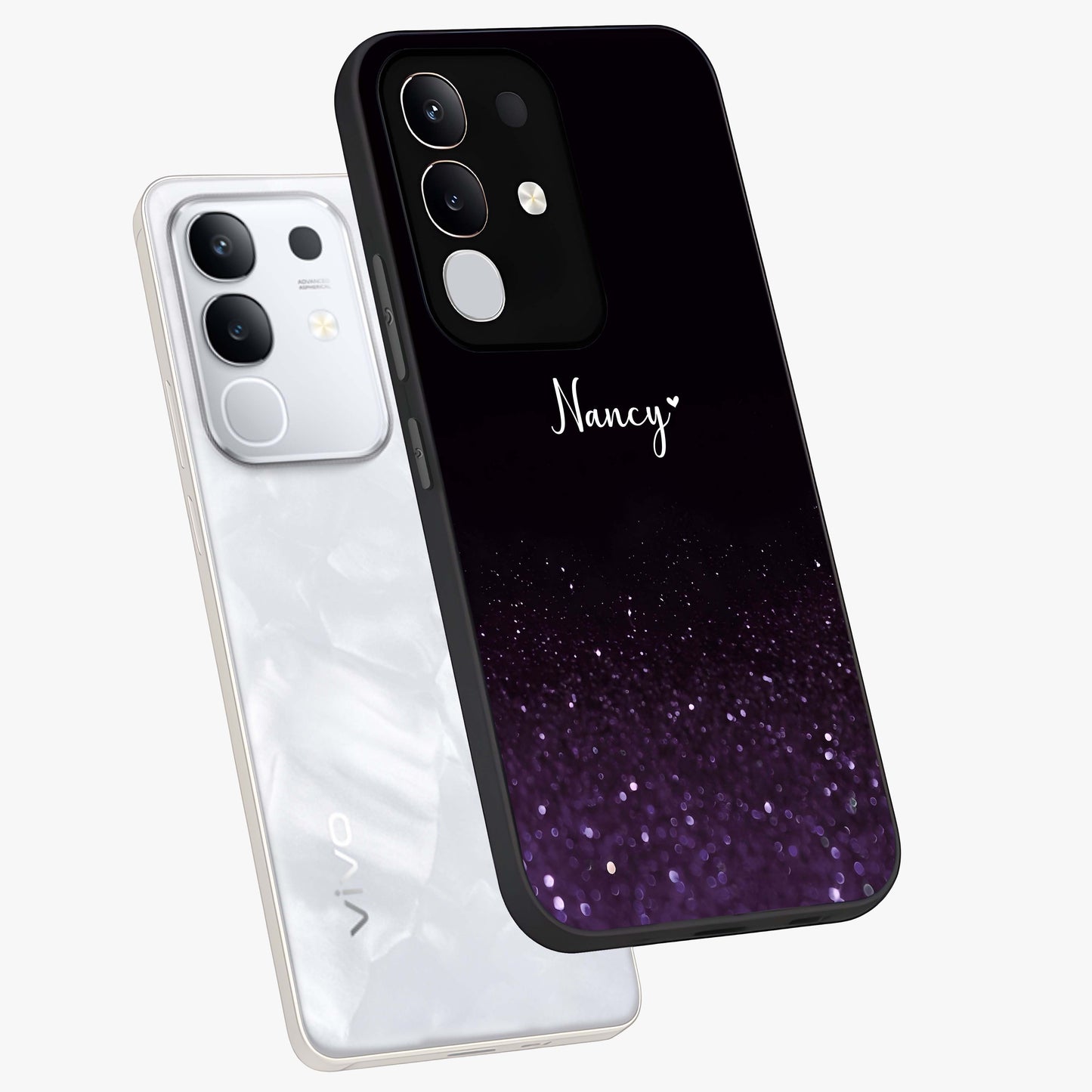 Glittery Purple Bokeh Custom Name Glass Case displayed in angled mockup highlighting glitter bokeh pattern with custom name feature.