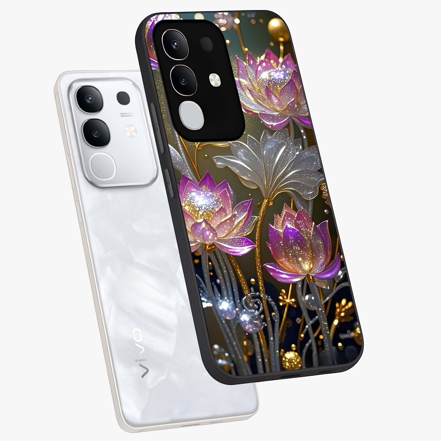 Golden Floral Majesty Glass Case displayed in angled mockup highlighting elegant flower design with royal golden aesthetic.