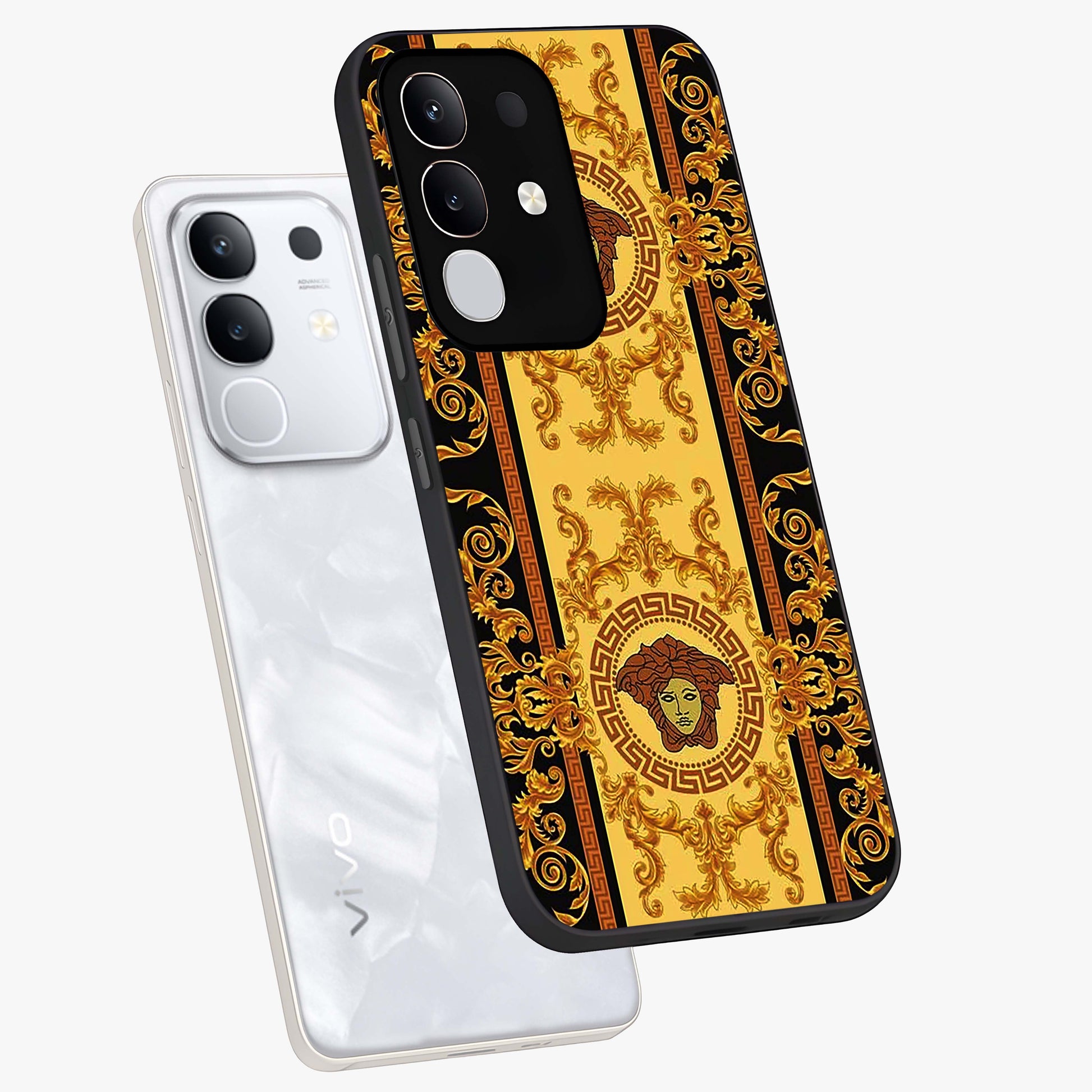Golden Lotus Glow Glass Case displayed in angled mockup highlighting radiant lotus illustration with spiritual aesthetic.
