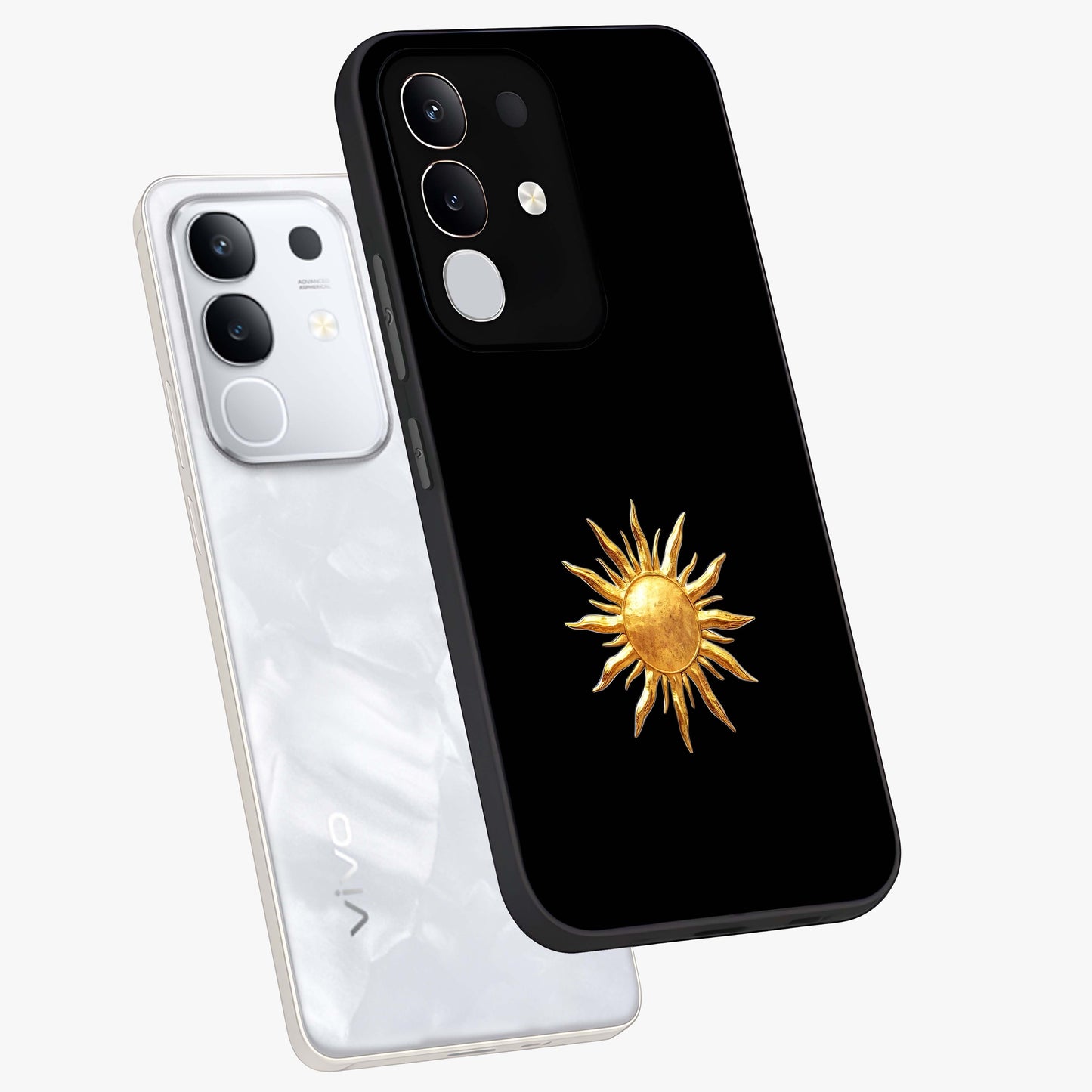 Golden Sun Minimalism Glass Case displayed in angled mockup highlighting eerie shadow illustration with gothic aesthetic.