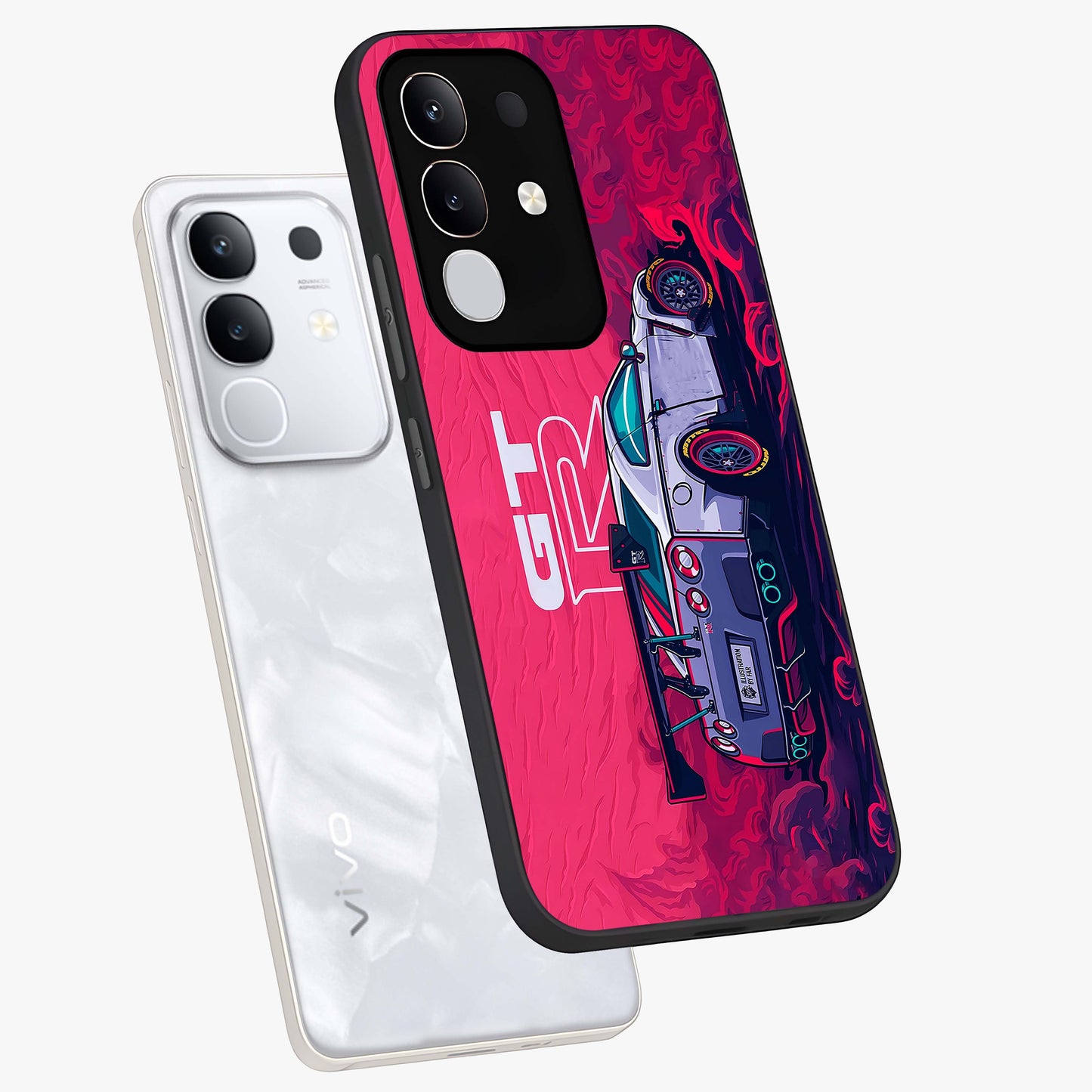 GT-R Car Pattern Glass Case displayed in angled mockup highlighting racing car graphic design with bold automotive aesthetic.