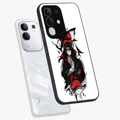 Itachi Limited Edition Naruto Anime Glass Case displayed in angled mockup highlighting dramatic anime illustration with bold action aesthetic.
