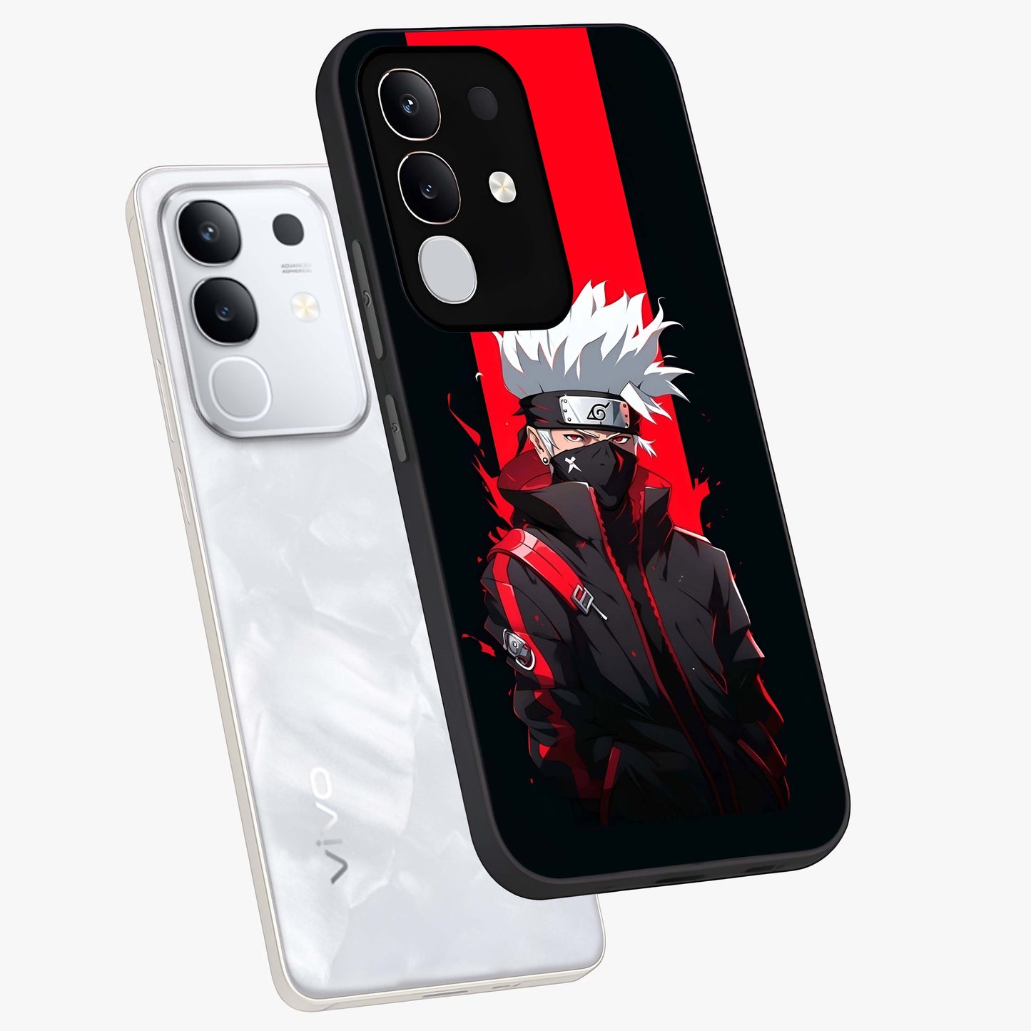 Kakashi Scarlet Shadow Glass Case displayed in angled mockup highlighting dramatic ninja illustration with scarlet themed aesthetic.