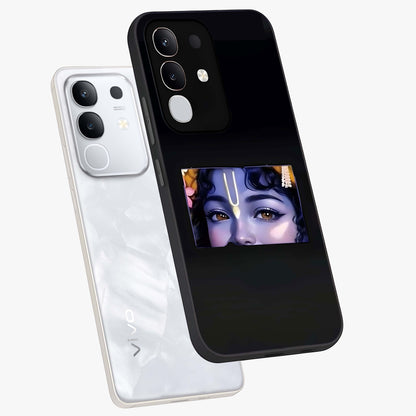 Krishna Divine Embrace Glass Case displayed in angled mockup highlighting divine Krishna illustration with spiritual aesthetic.