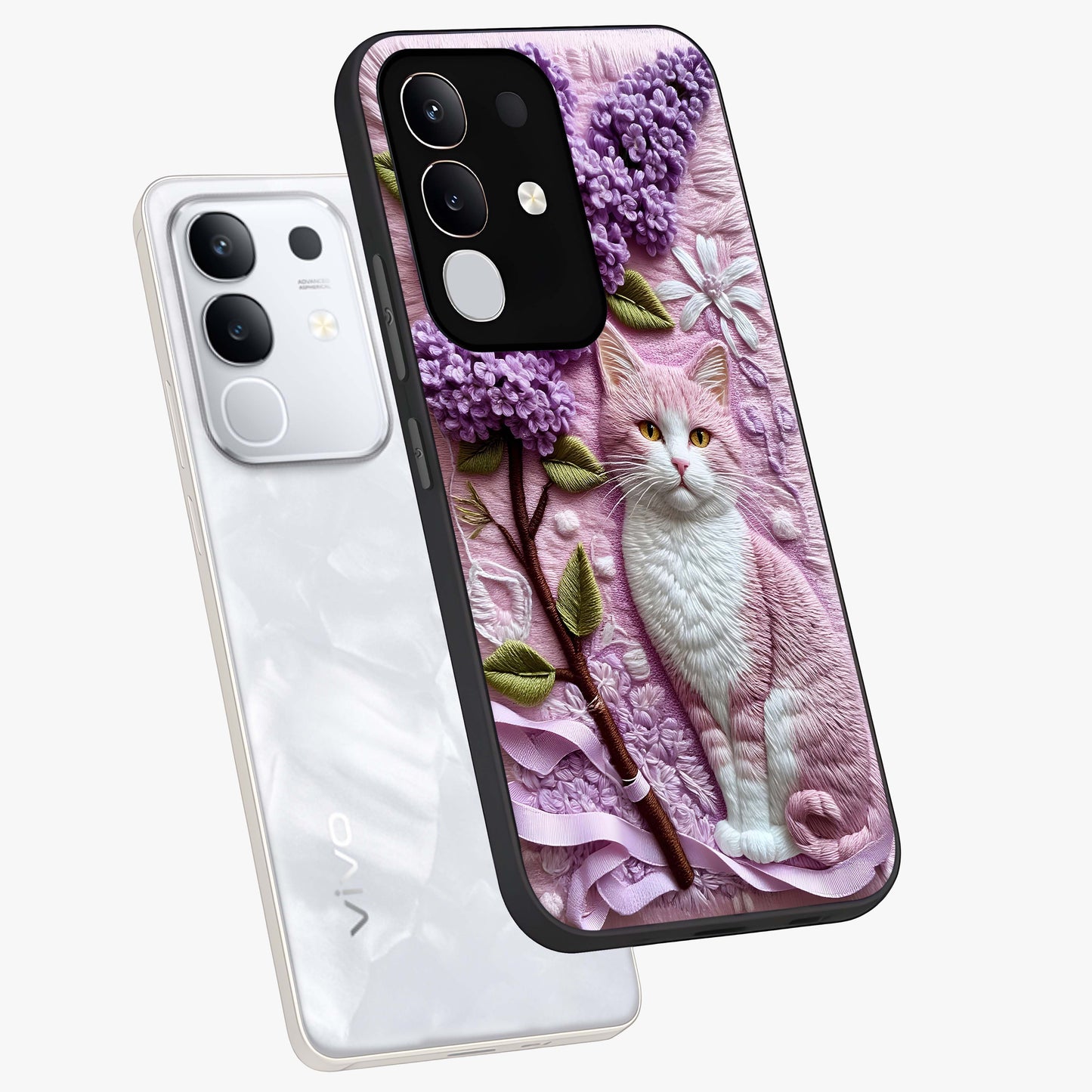 Lavender Cat Whimsy Glass Case displayed in angled mockup highlighting playful feline illustration with pastel lavender aesthetic.