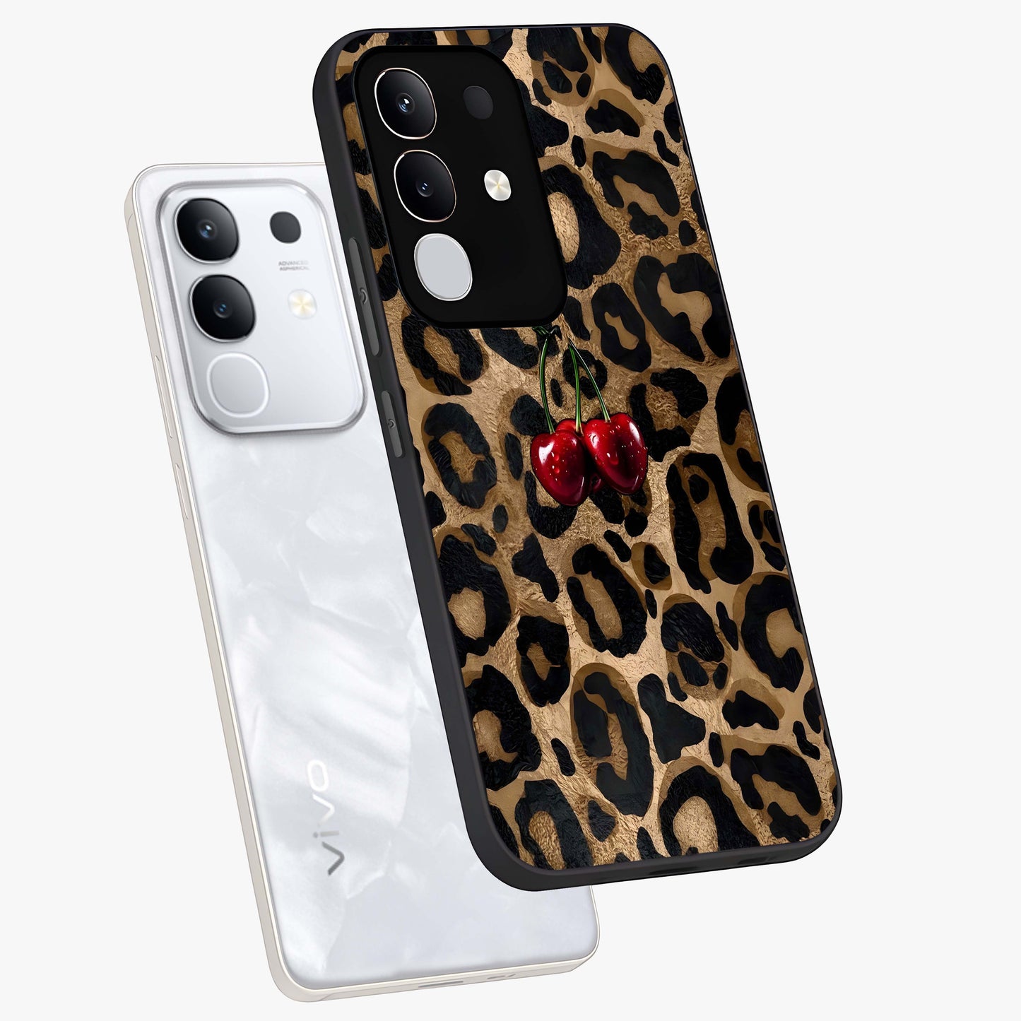 Leopard Wild Cherry Glass Case displayed in angled mockup highlighting bold animal print design with playful cherry aesthetic.