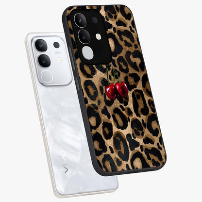 Leopard Wild Cherry Glass Case displayed in angled mockup highlighting bold animal print design with playful cherry aesthetic.