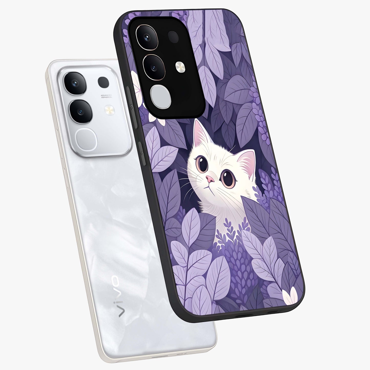 Lilac Hide Peek Cat Glass Case displayed in angled mockup highlighting playful feline illustration with lilac aesthetic design.