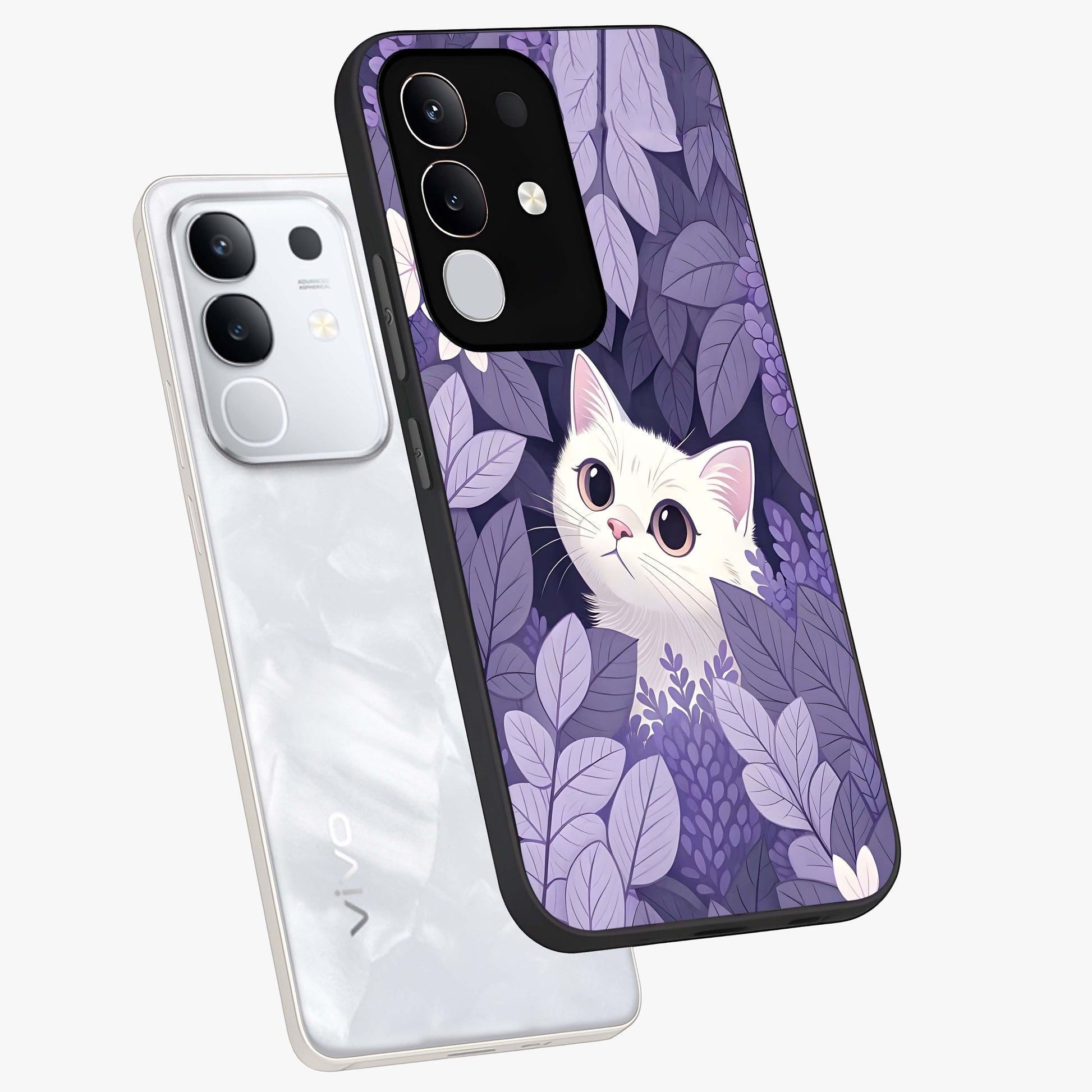 Lilac Hide Peek Cat Glass Case displayed in angled mockup highlighting playful feline illustration with lilac aesthetic design.
