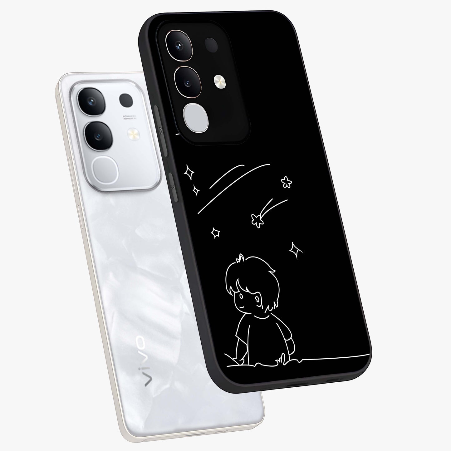 Line Art Boy With Shooting Stars Glass Case displayed in angled mockup highlighting elegant line art design with dreamy star aesthetic.