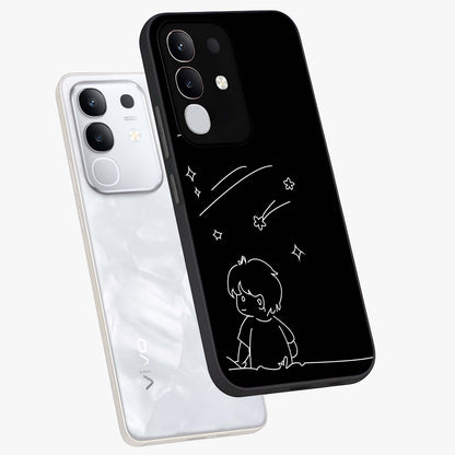 Line Art Boy With Shooting Stars Glass Case displayed in angled mockup highlighting elegant line art design with dreamy star aesthetic.