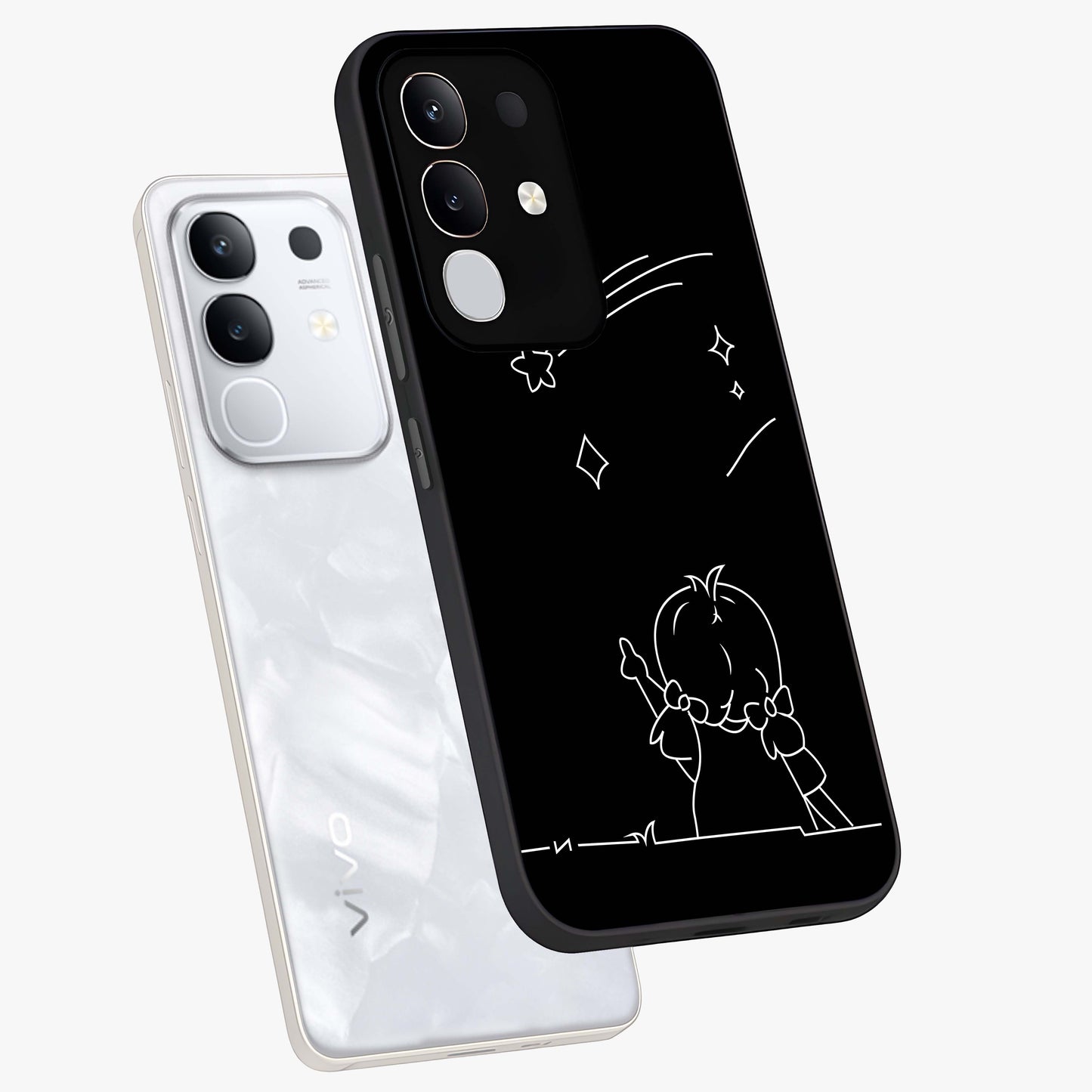 Line Art Girl With Shooting Stars Glass Case displayed in angled mockup highlighting elegant line art design with dreamy star aesthetic.
