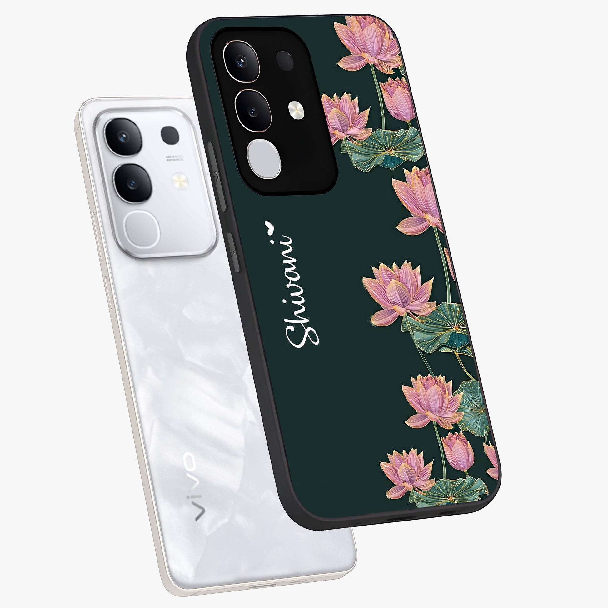 Lotus Bloom Serenity Custom Name Glass Case displayed in angled mockup highlighting graceful lotus illustration with custom name feature.