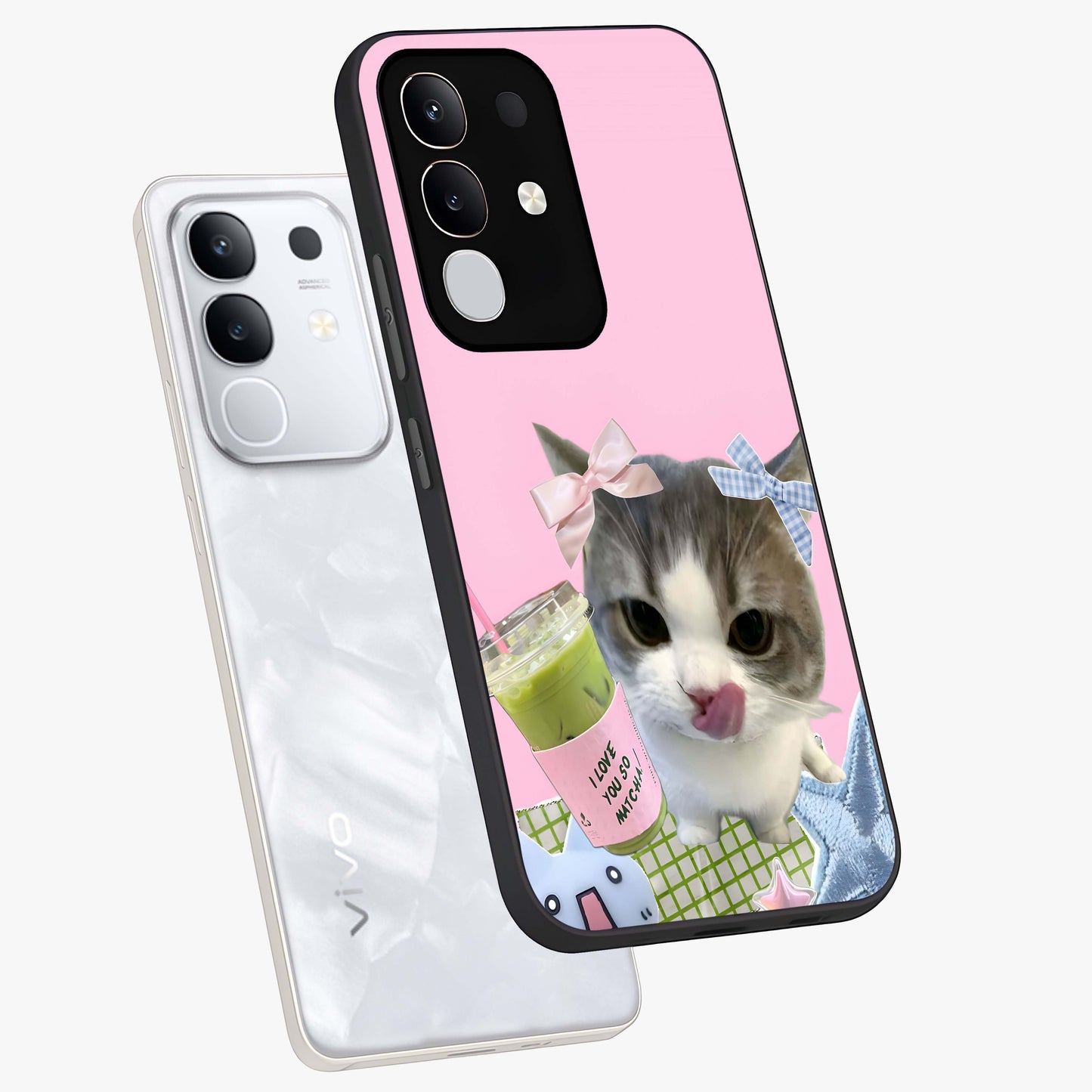 Love Matcha Cat Glass Case displayed in angled mockup highlighting playful feline illustration with cozy matcha aesthetic.