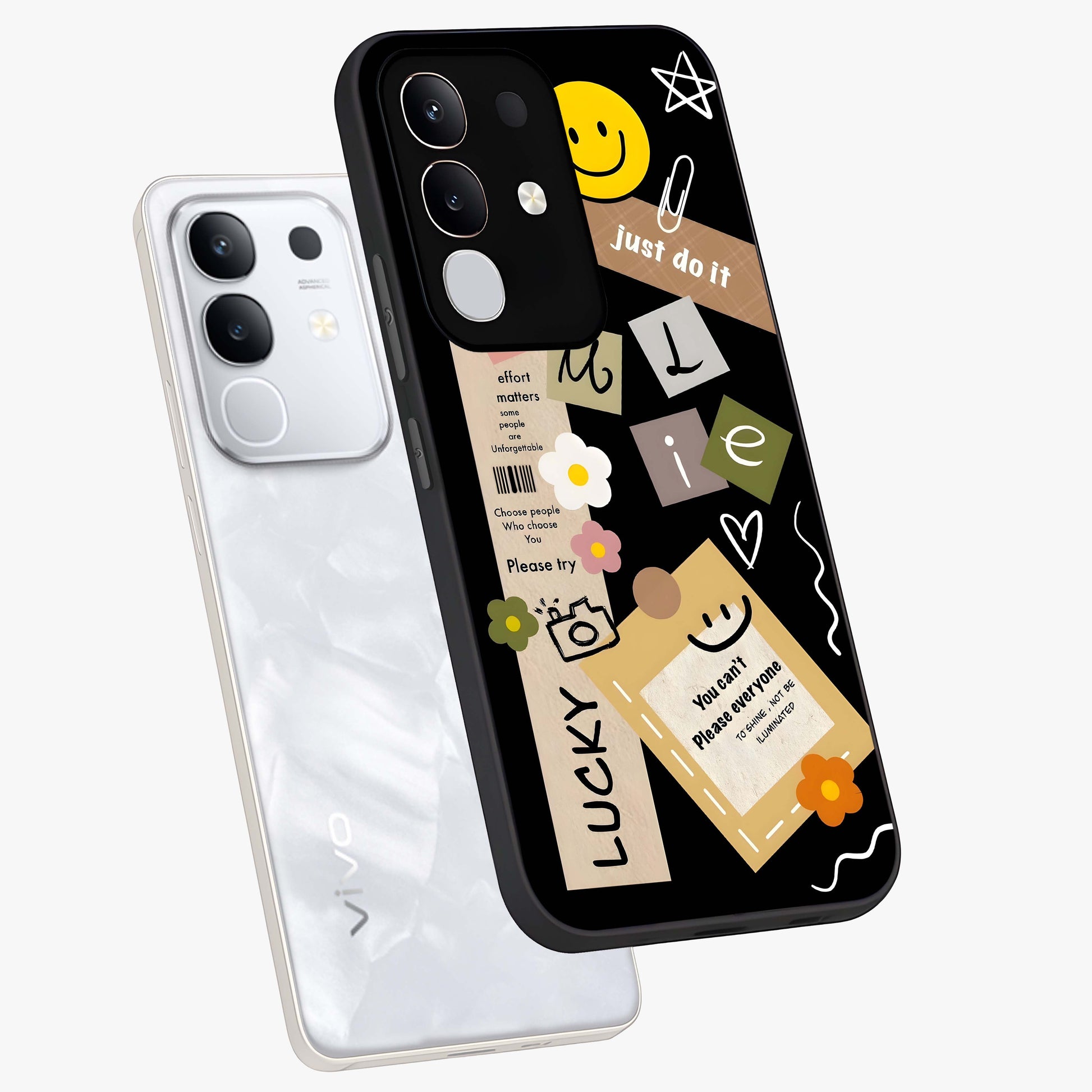 Lucky Aesthetic Collage Glass Case displayed in angled mockup highlighting stylish collage pattern with modern aesthetic vibe.