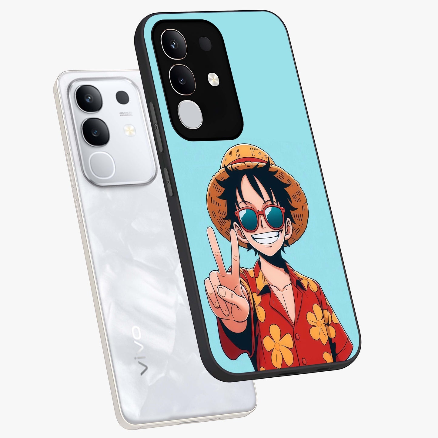 Luffy Summer Anime Vibe Glass Case displayed in angled mockup highlighting energetic anime illustration with summer vibe aesthetic.