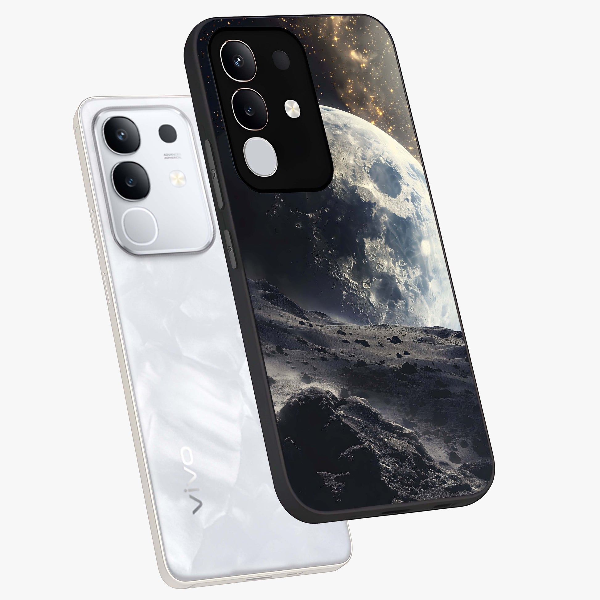 Lunar Horizon Glow Glass Case displayed in angled mockup highlighting celestial moon design with dreamy night aesthetic.