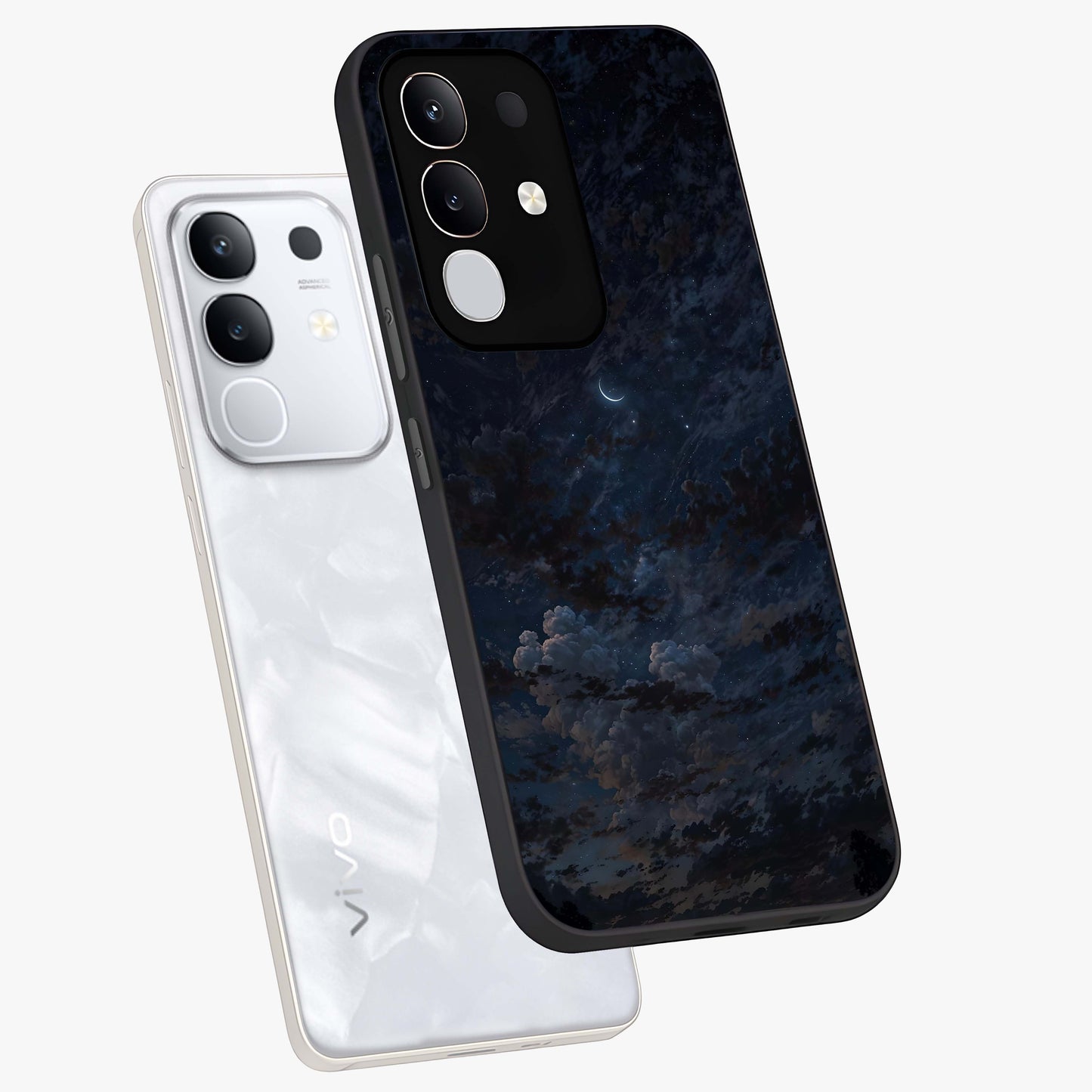 Lunar Veil Silence Glass Case displayed in angled mockup highlighting soft lunar design with peaceful celestial aesthetic.