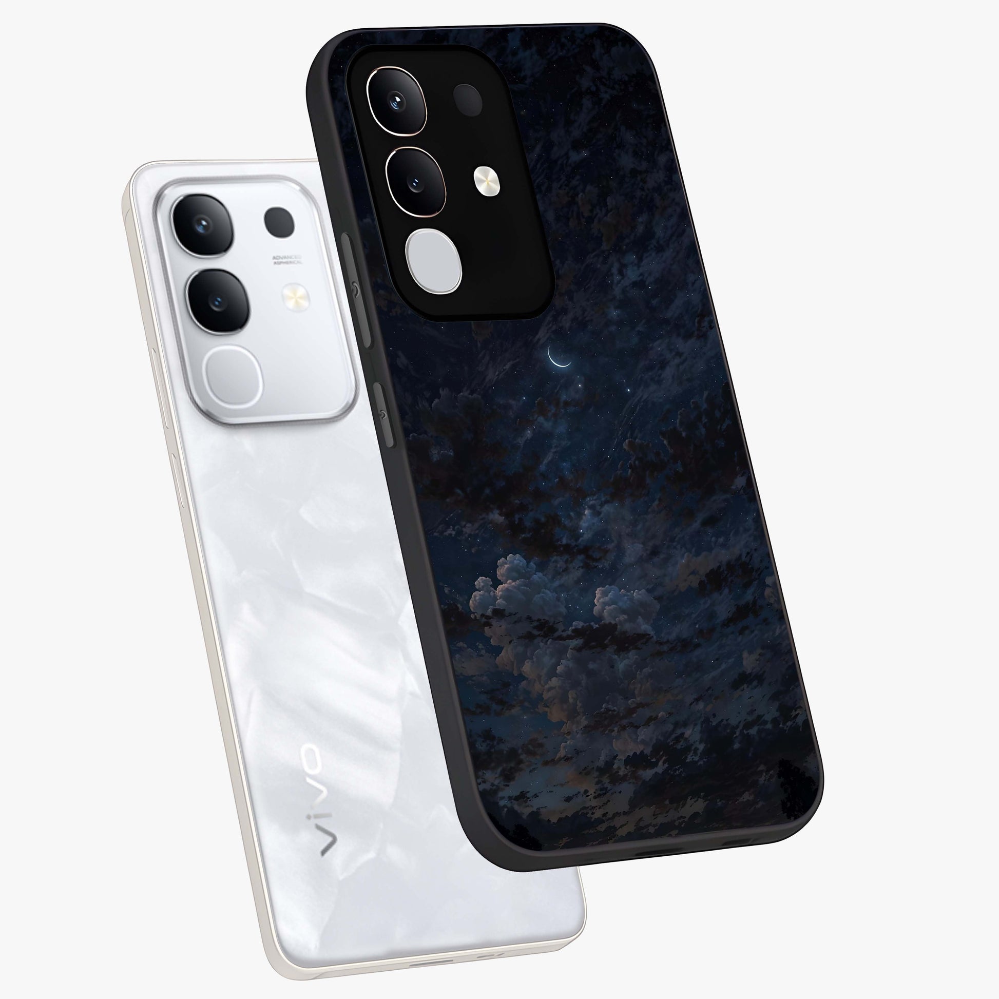 Lunar Veil Silence Glass Case displayed in angled mockup highlighting soft lunar design with peaceful celestial aesthetic.