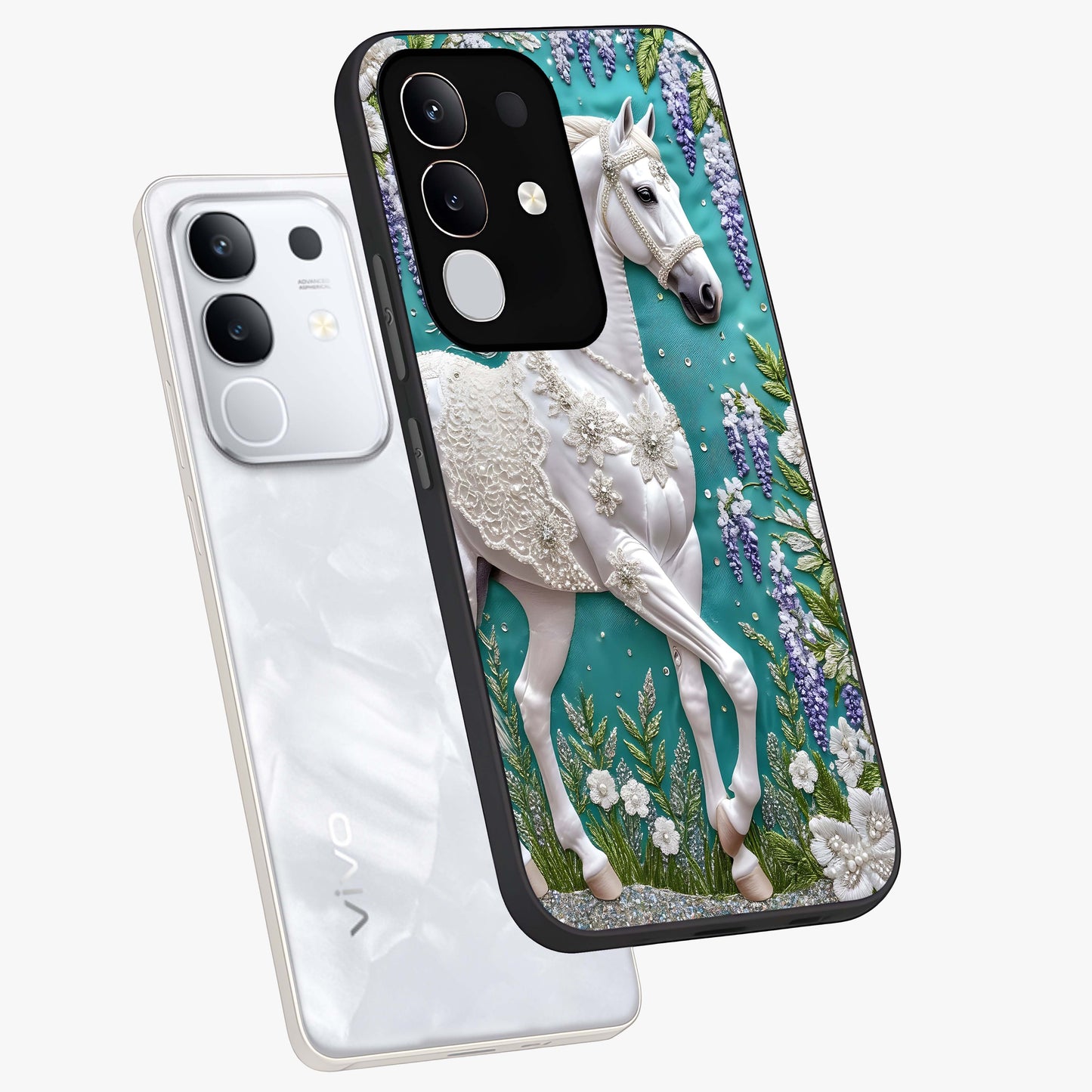 Majestic Floral Stallion Glass Case displayed in angled mockup highlighting majestic stallion illustration with elegant floral aesthetic.