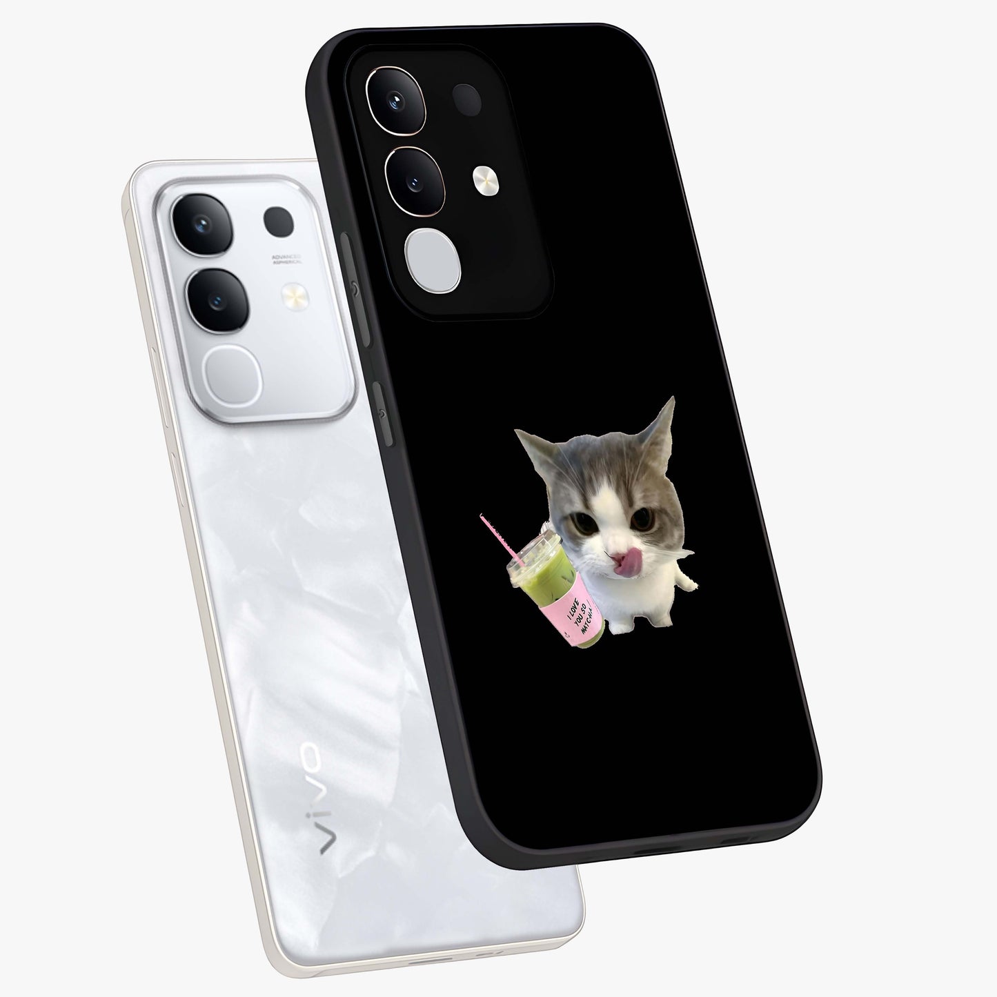 Matcha Cat Style Glass Case displayed in angled mockup highlighting playful feline design with pastel matcha aesthetic.