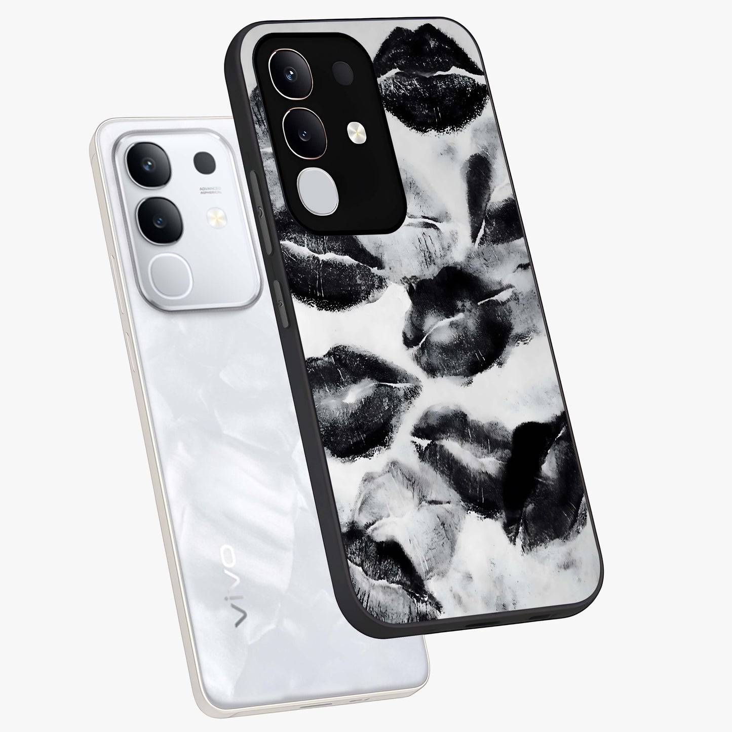 Midnight Kiss Marks Glass Case displayed in angled mockup highlighting playful romantic design with bold midnight aesthetic.
