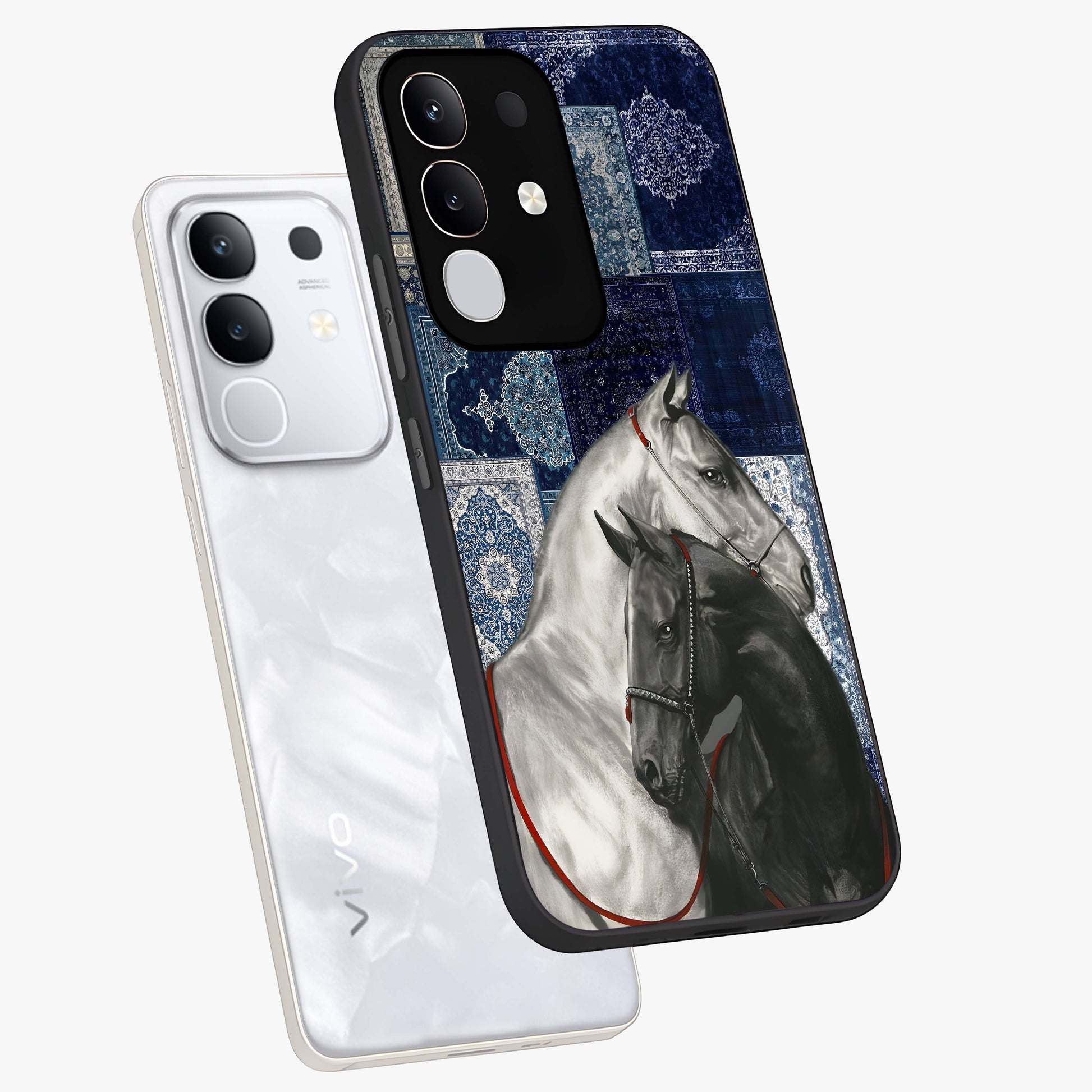 Midnight Stallion Blues Glass Case displayed in angled mockup highlighting powerful stallion illustration with deep midnight tones.