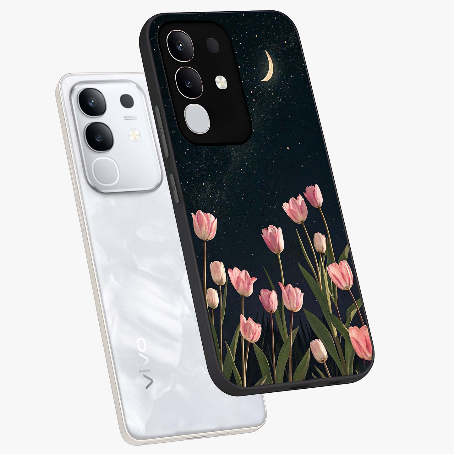 Midnight Tulip Whispers Vibe Glass Case displayed in angled mockup highlighting delicate tulip design with midnight floral aesthetic.