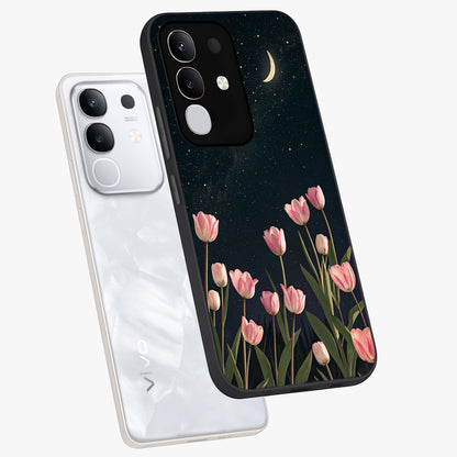 Midnight Tulip Whispers Vibe Glass Case displayed in angled mockup highlighting delicate tulip design with midnight floral aesthetic.