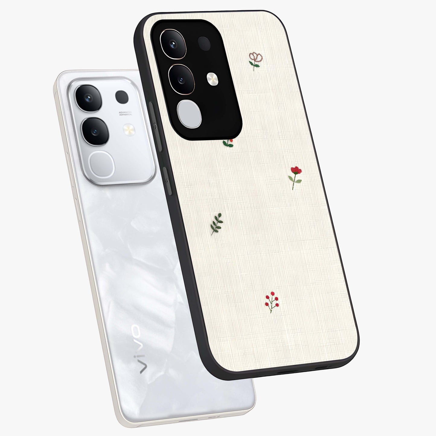 Minimalistic Blue With White Flower Pattern Glass Case displayed in angled mockup highlighting simple floral design with minimal aesthetic.